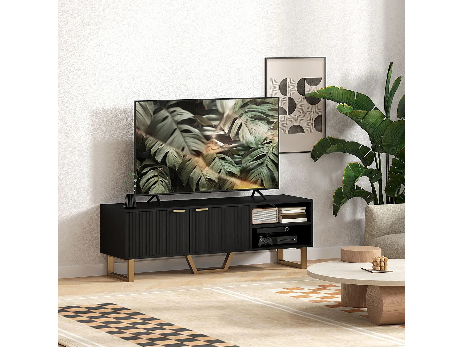 Meuble TV design contemporain 2 portes effet cannelé 2 niches piètement poignées métal doré MDF noir