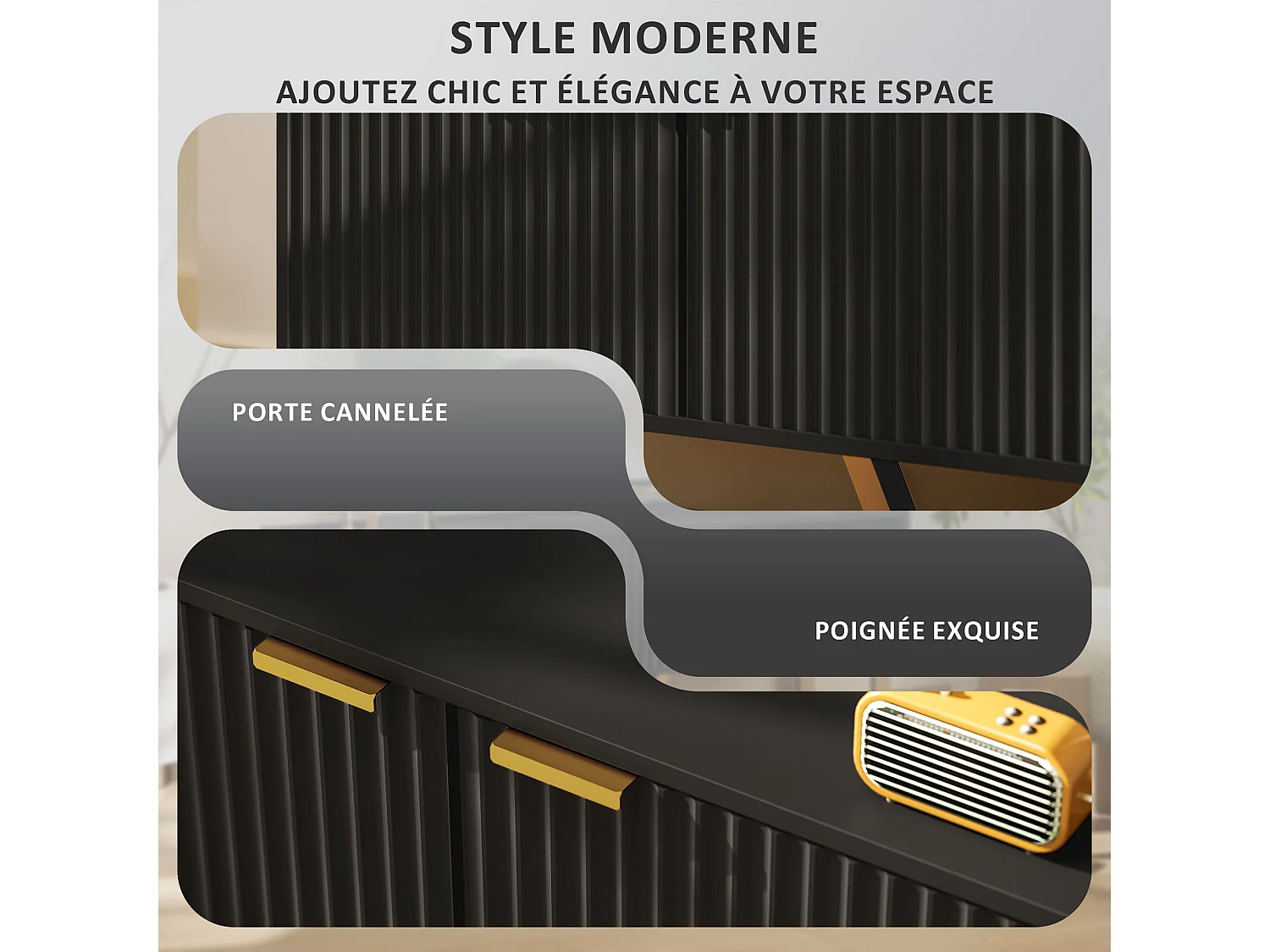Meuble TV design contemporain 2 portes effet cannelé 2 niches piètement poignées métal doré MDF noir