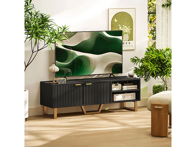 Meuble TV design contemporain 2 portes effet cannelé 2 niches piètement poignées métal doré MDF noir