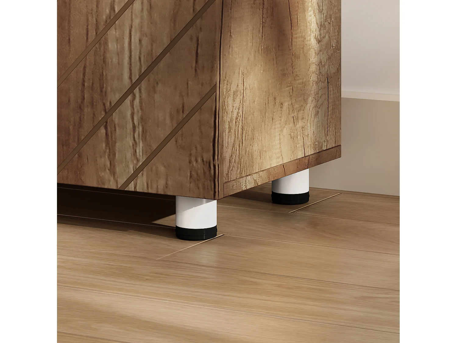 Meuble TV banc TV design - 2 portes, 2 étagères, niche tiroir - effet bois doré