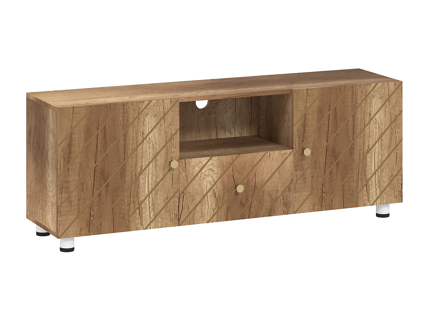 Meuble TV banc TV design - 2 portes, 2 étagères, niche tiroir - effet bois doré