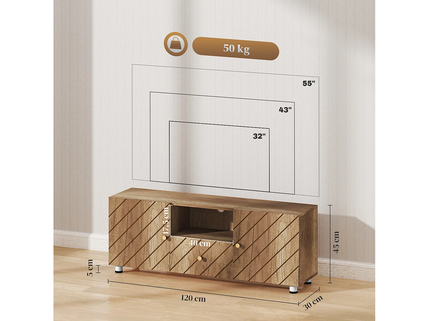 Meuble TV banc TV design - 2 portes, 2 étagères, niche tiroir - effet bois doré