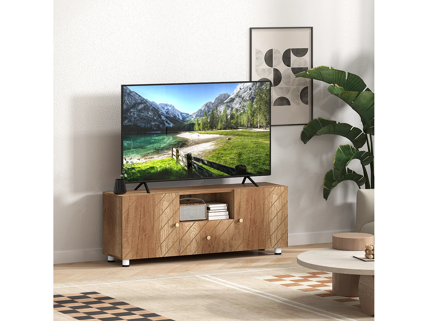 Meuble TV banc TV design - 2 portes, 2 étagères, niche tiroir - effet bois doré