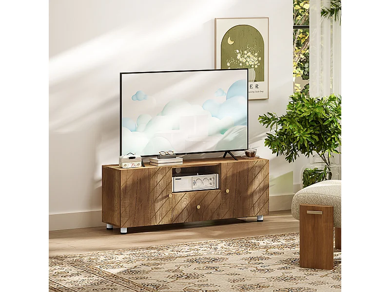 Meuble TV banc TV design - 2 portes, 2 étagères, niche tiroir - effet bois doré