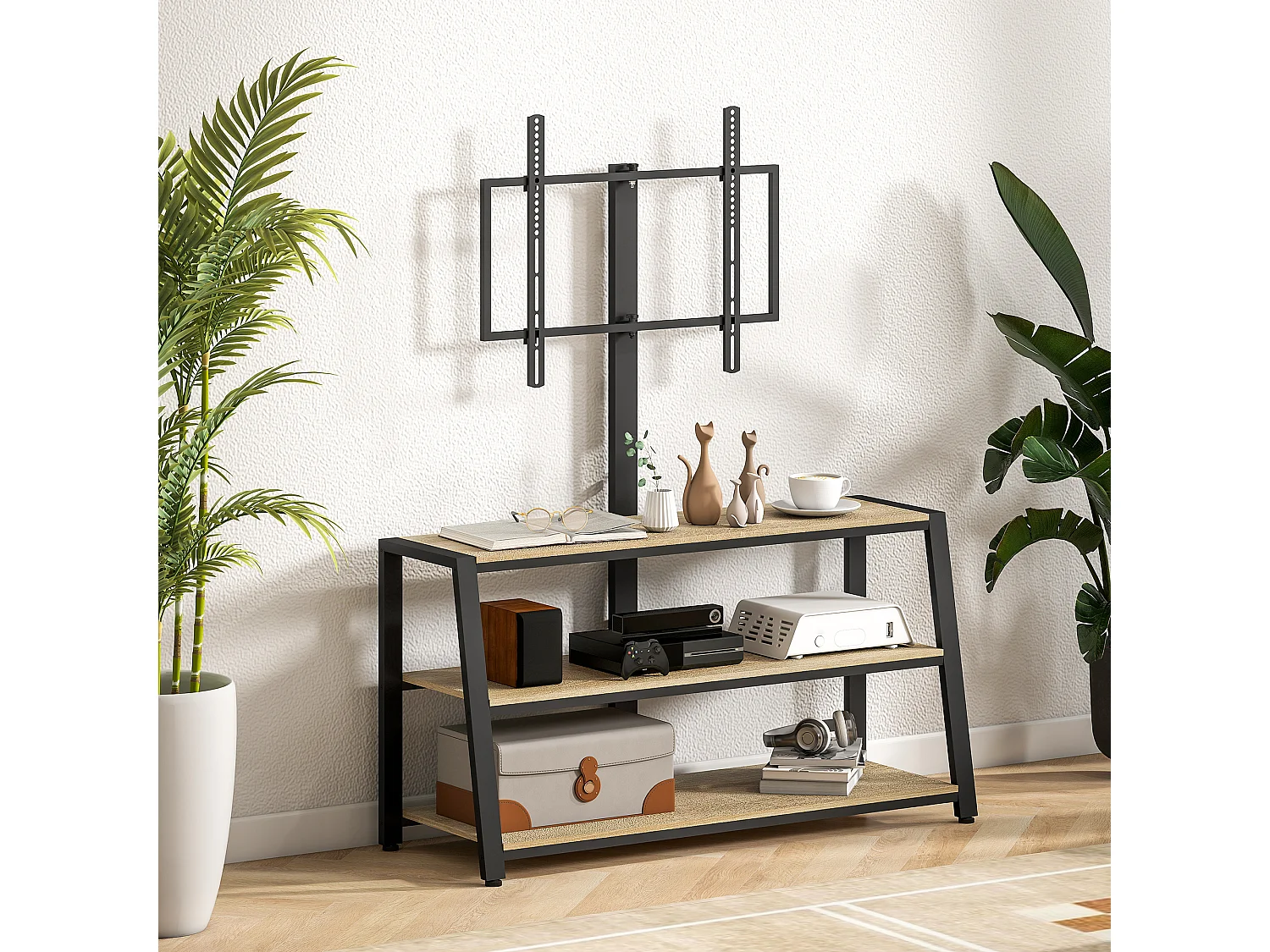 Meuble TV avec support orientable 35° - compatible TV 32-65 pouces max - 3 étagères - acier noir effet bois clair