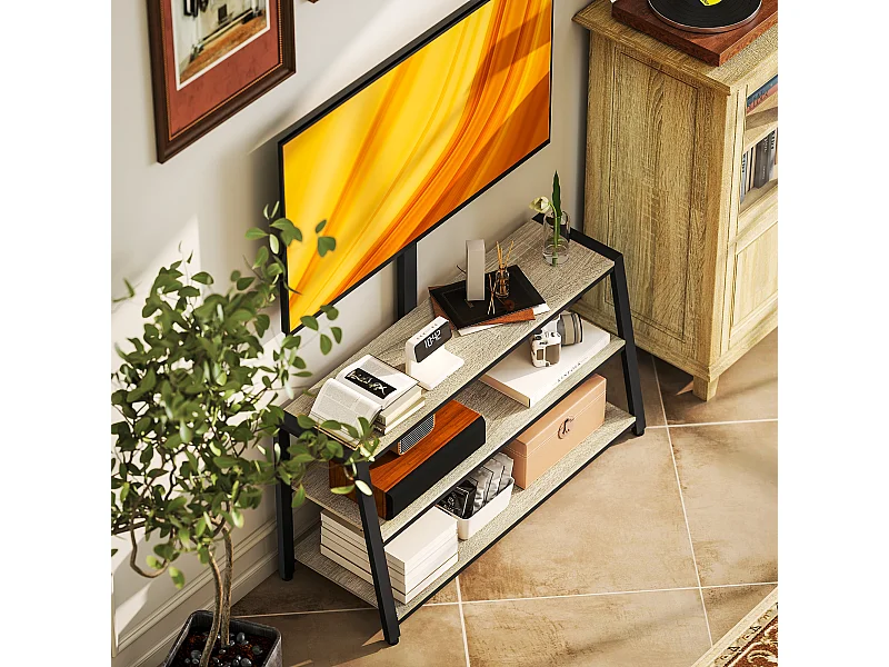 Meuble TV avec support orientable 35° - compatible TV 32-65 pouces max - 3 étagères - acier noir effet bois clair