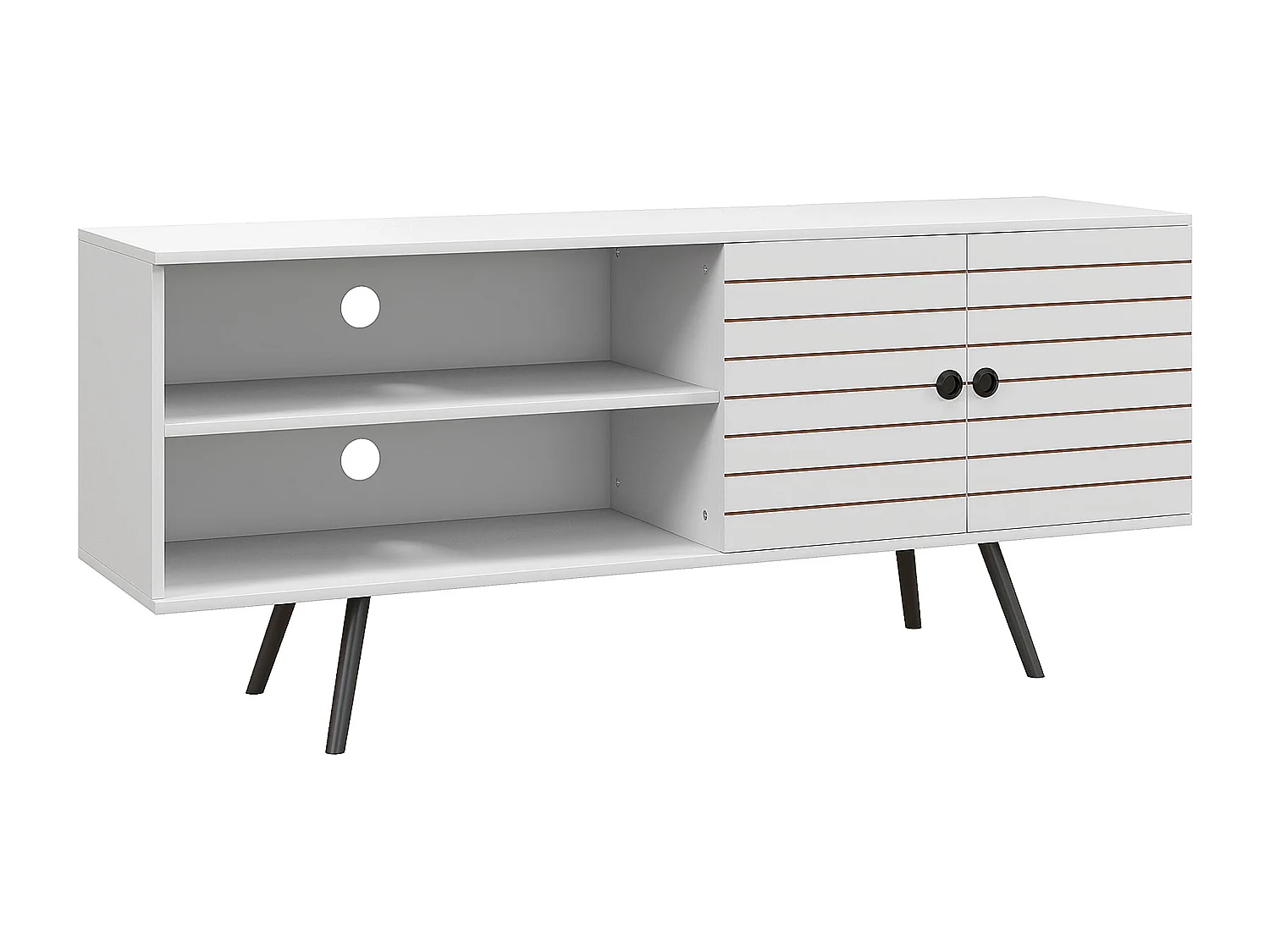 Meuble TV banc TV 2 portes étagère 2 niches dim. 145 x 38 x 65 cm piètement bois noir blanc