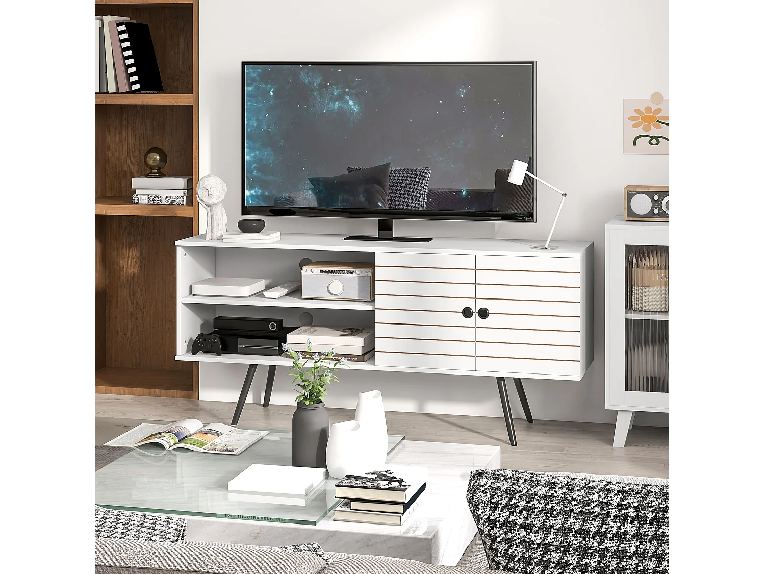 Meuble TV banc TV 2 portes étagère 2 niches dim. 145 x 38 x 65 cm piètement bois noir blanc