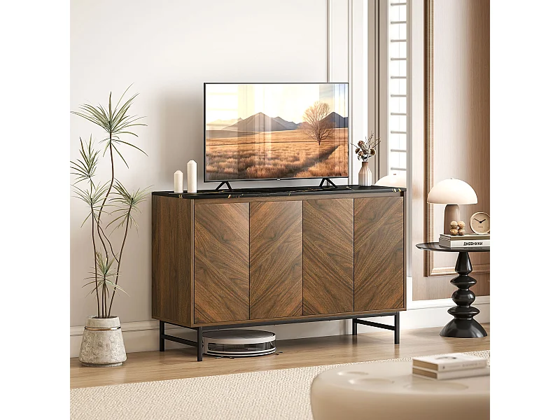 Meuble TV 120 cm, pour téléviseur jusqu'à 55 pouces avec 4 portes, plateau effet marbre, étagères réglables et pieds en acier