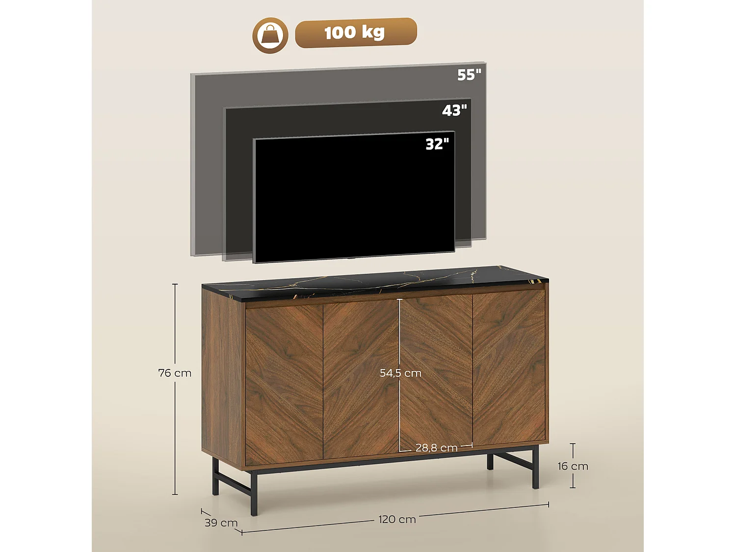 Meuble TV 120 cm, pour téléviseur jusqu'à 55 pouces avec 4 portes, plateau effet marbre, étagères réglables et pieds en acier