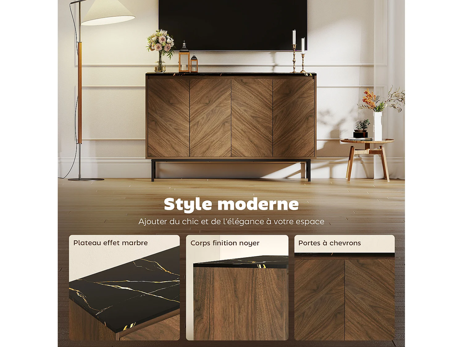 Meuble TV 120 cm, pour téléviseur jusqu'à 55 pouces avec 4 portes, plateau effet marbre, étagères réglables et pieds en acier