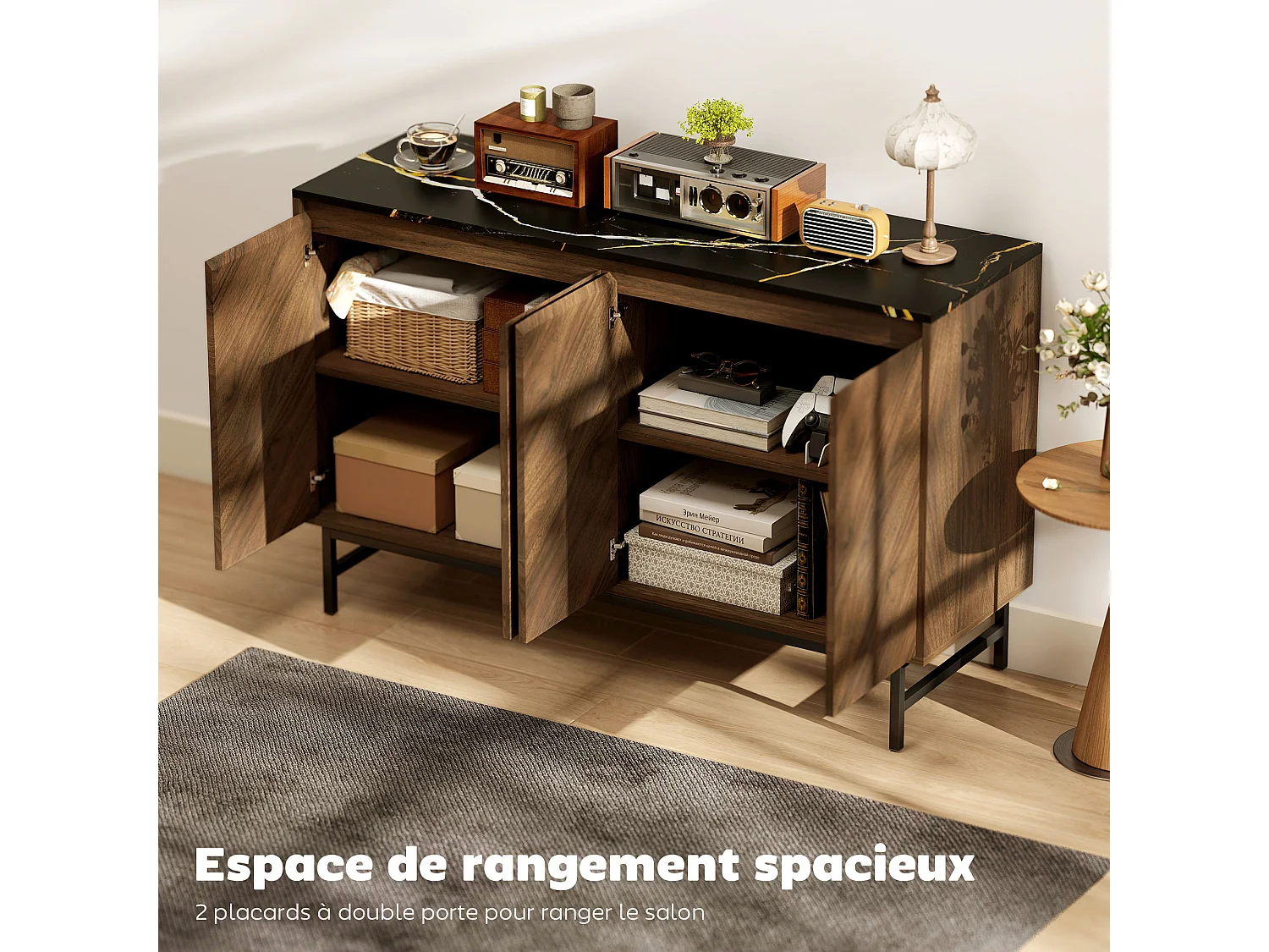 Meuble TV 120 cm, pour téléviseur jusqu'à 55 pouces avec 4 portes, plateau effet marbre, étagères réglables et pieds en acier