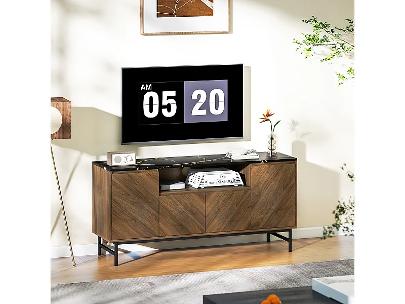 Meuble TV jusqu'à 65 pouces meuble télé aspect bois avec compartiment ouvert, portes, étagères réglables et passe-câbles, 140x39x66cm