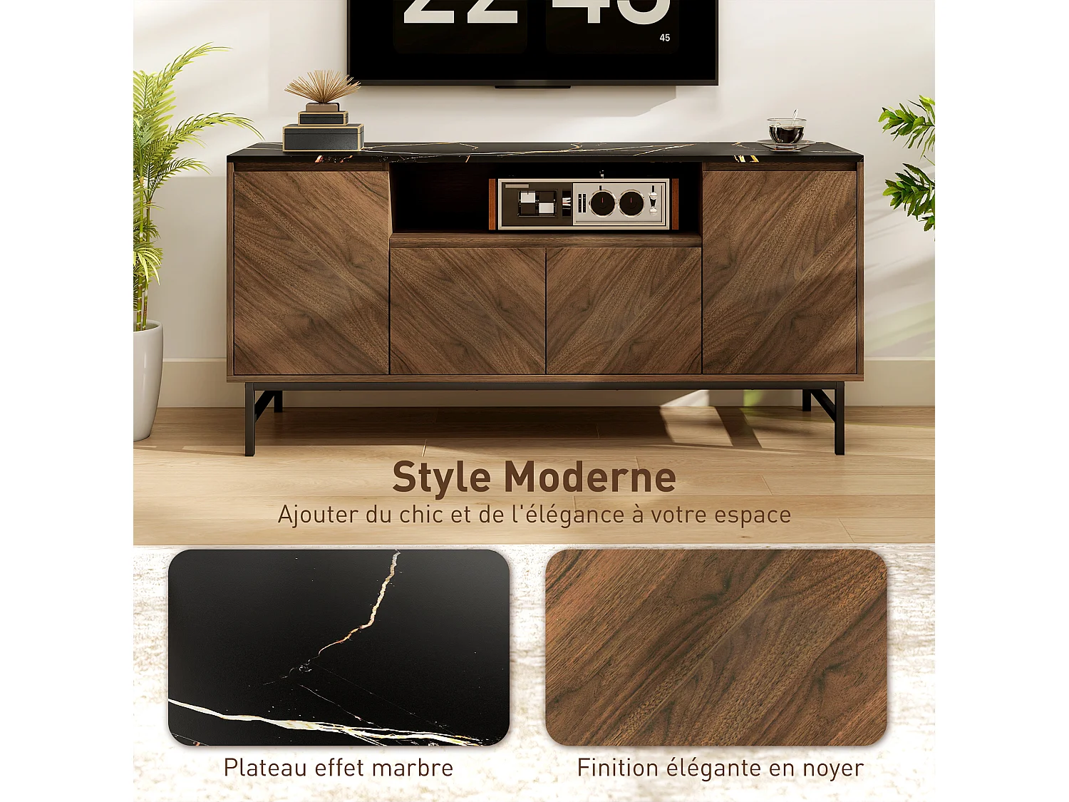 Meuble TV jusqu'à 65 pouces meuble télé aspect bois avec compartiment ouvert, portes, étagères réglables et passe-câbles, 140x39x66cm