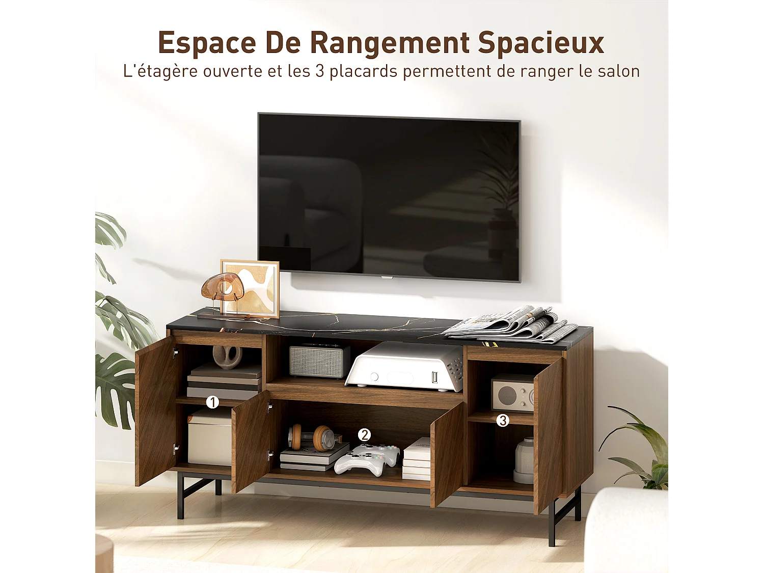 Meuble TV jusqu'à 65 pouces meuble télé aspect bois avec compartiment ouvert, portes, étagères réglables et passe-câbles, 140x39x66cm