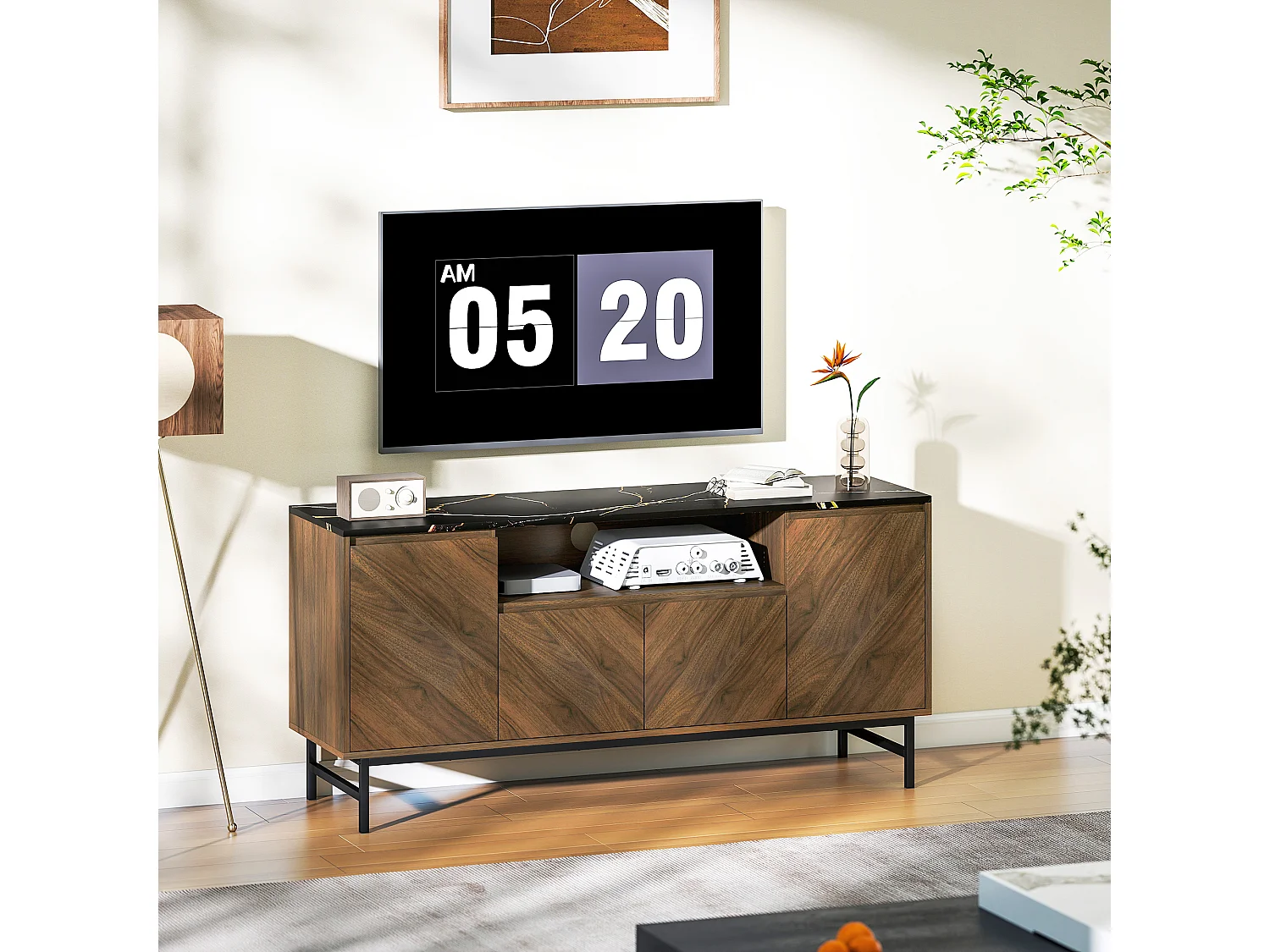 Meuble TV jusqu'à 65 pouces meuble télé aspect bois avec compartiment ouvert, portes, étagères réglables et passe-câbles, 140x39x66cm