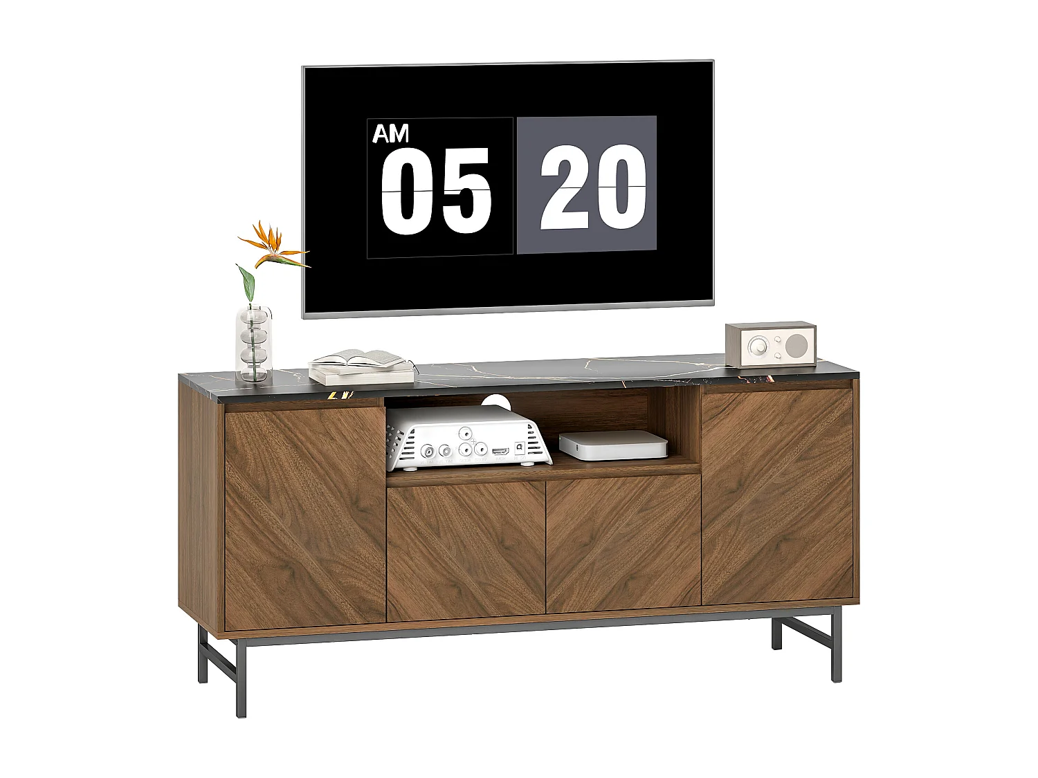 Meuble TV jusqu'à 65 pouces meuble télé aspect bois avec compartiment ouvert, portes, étagères réglables et passe-câbles, 140x39x66cm