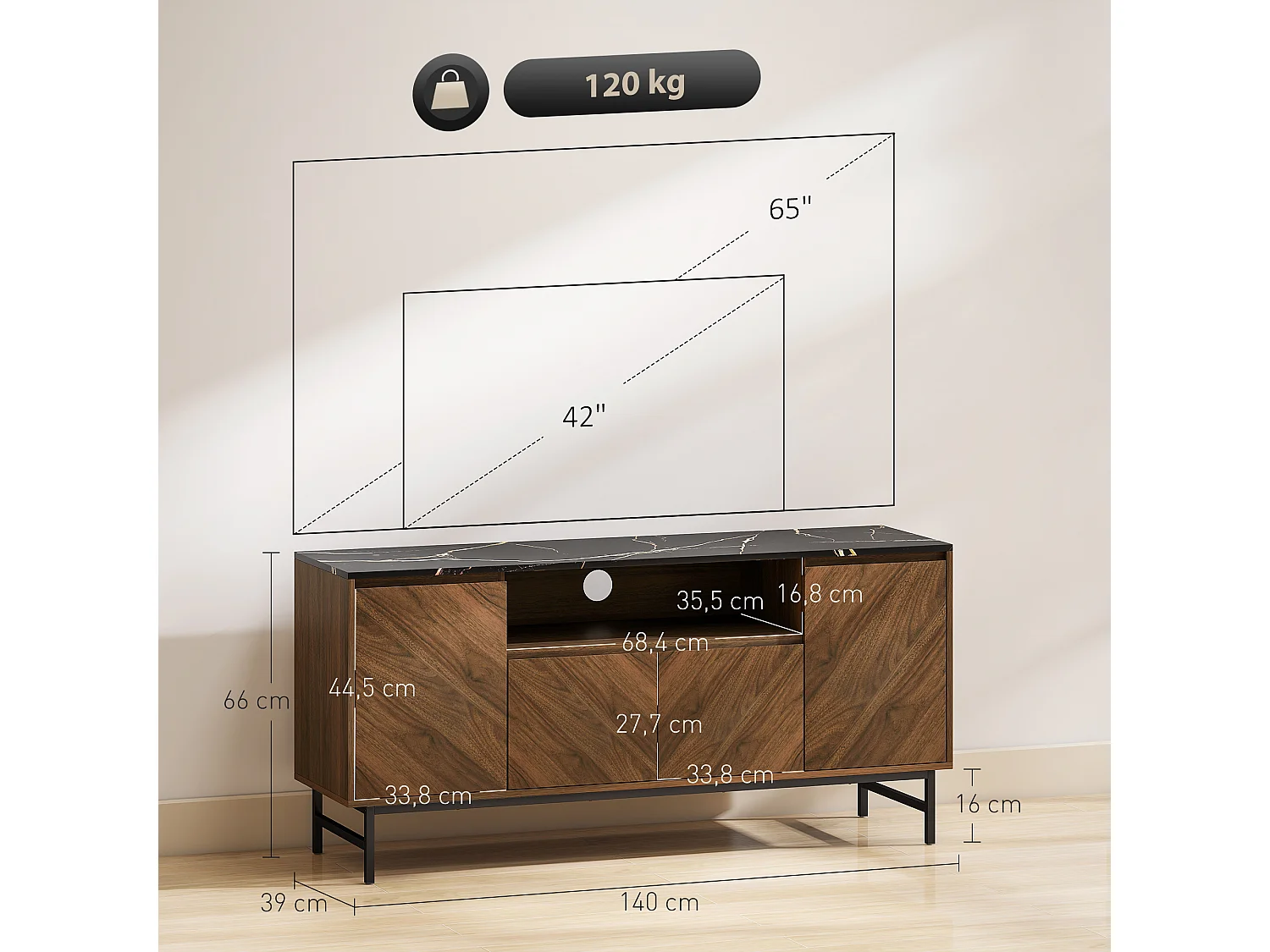 Meuble TV jusqu'à 65 pouces meuble télé aspect bois avec compartiment ouvert, portes, étagères réglables et passe-câbles, 140x39x66cm