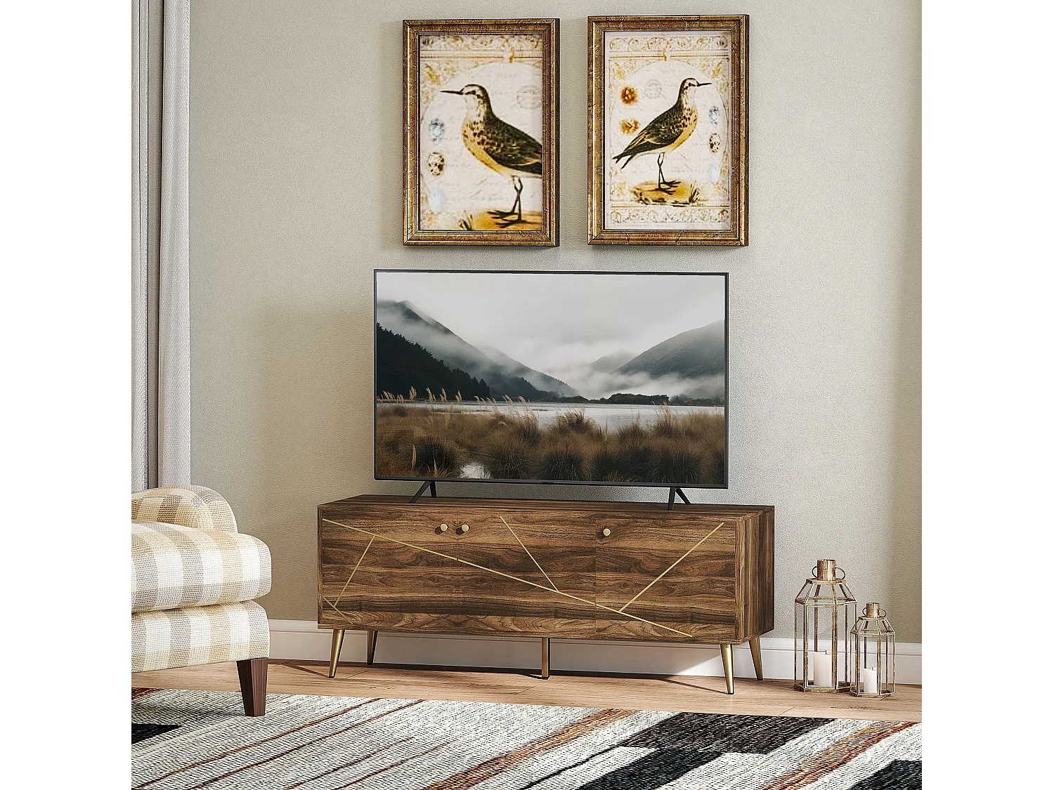 Meuble TV design 3 portes 2 étagères piètement effilé incliné acier poignées boutons lignes dorées effet bois