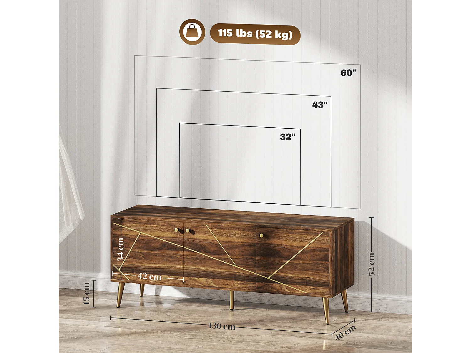 Meuble TV design 3 portes 2 étagères piètement effilé incliné acier poignées boutons lignes dorées effet bois