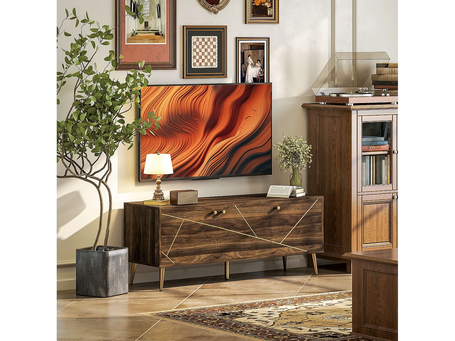 Meuble TV design 3 portes 2 étagères piètement effilé incliné acier poignées boutons lignes dorées effet bois