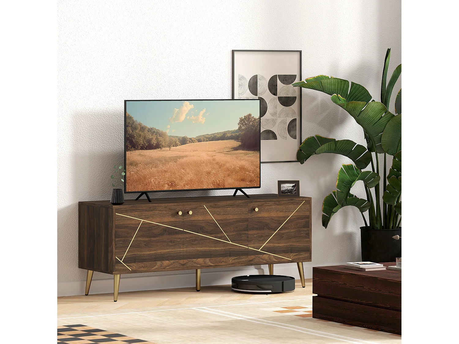Meuble TV design 3 portes 2 étagères piètement effilé incliné acier poignées boutons lignes dorées effet bois