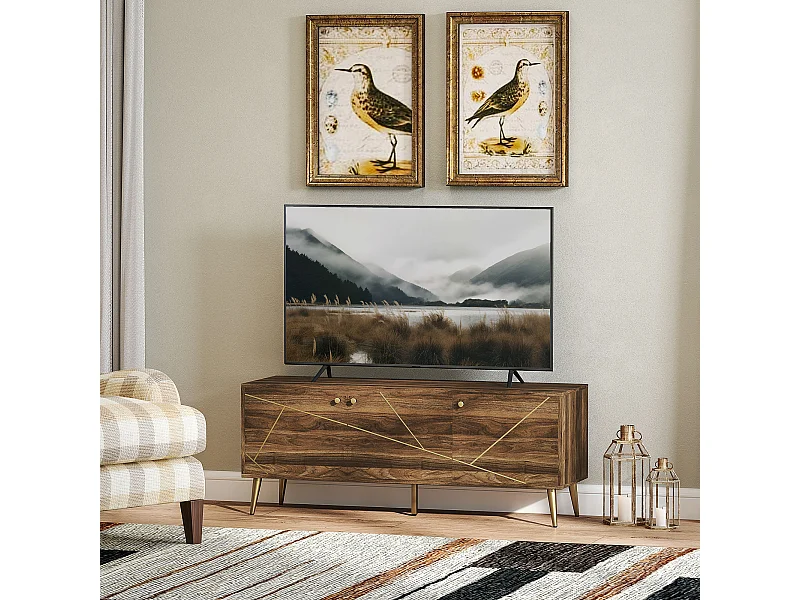 Meuble TV design 3 portes 2 étagères piètement effilé incliné acier poignées boutons lignes dorées effet bois