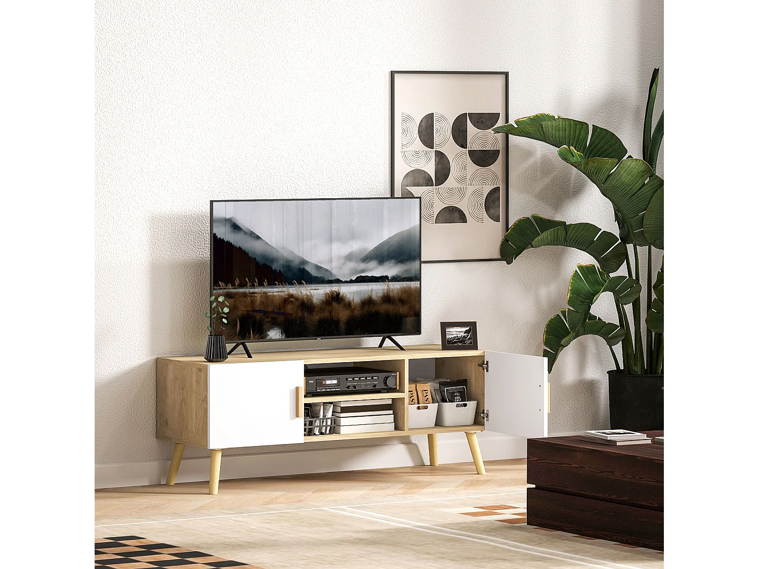 Meuble TV banc TV design scandinave 2 portes 2 niches - blanc effet chêne clair