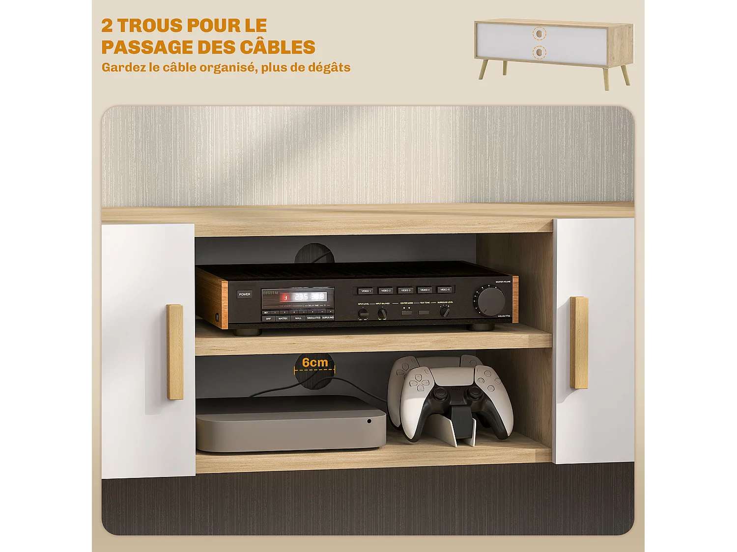 Meuble TV banc TV design scandinave 2 portes 2 niches - blanc effet chêne clair