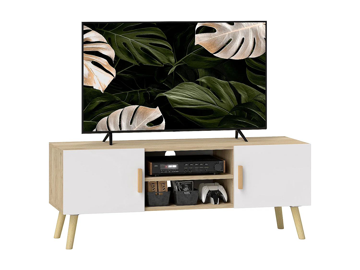 Meuble TV banc TV design scandinave 2 portes 2 niches - blanc effet chêne clair