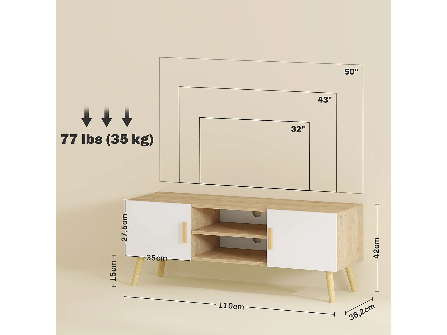 Meuble TV banc TV design scandinave 2 portes 2 niches - blanc effet chêne clair