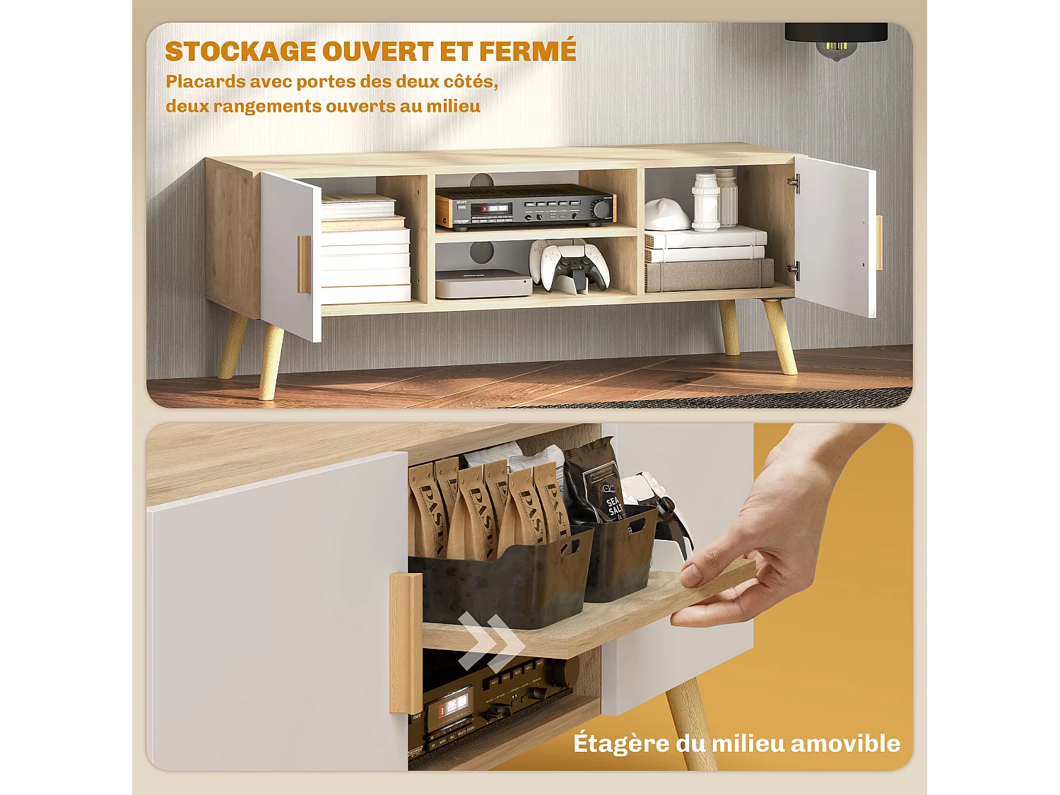 Meuble TV banc TV design scandinave 2 portes 2 niches - blanc effet chêne clair