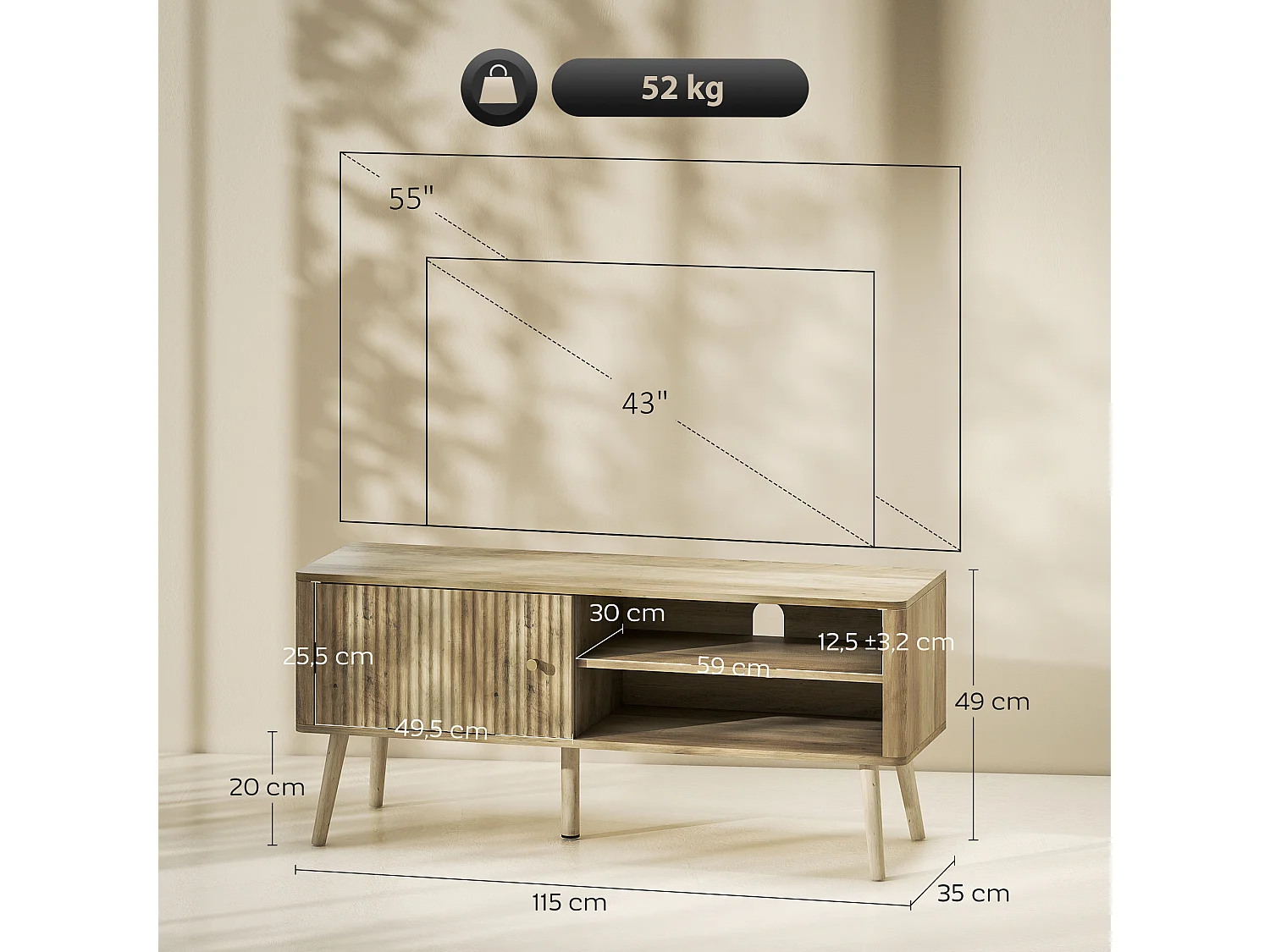 Meuble TV design effet cannelé naturel porte 2 niches bois de pin effet bois clair