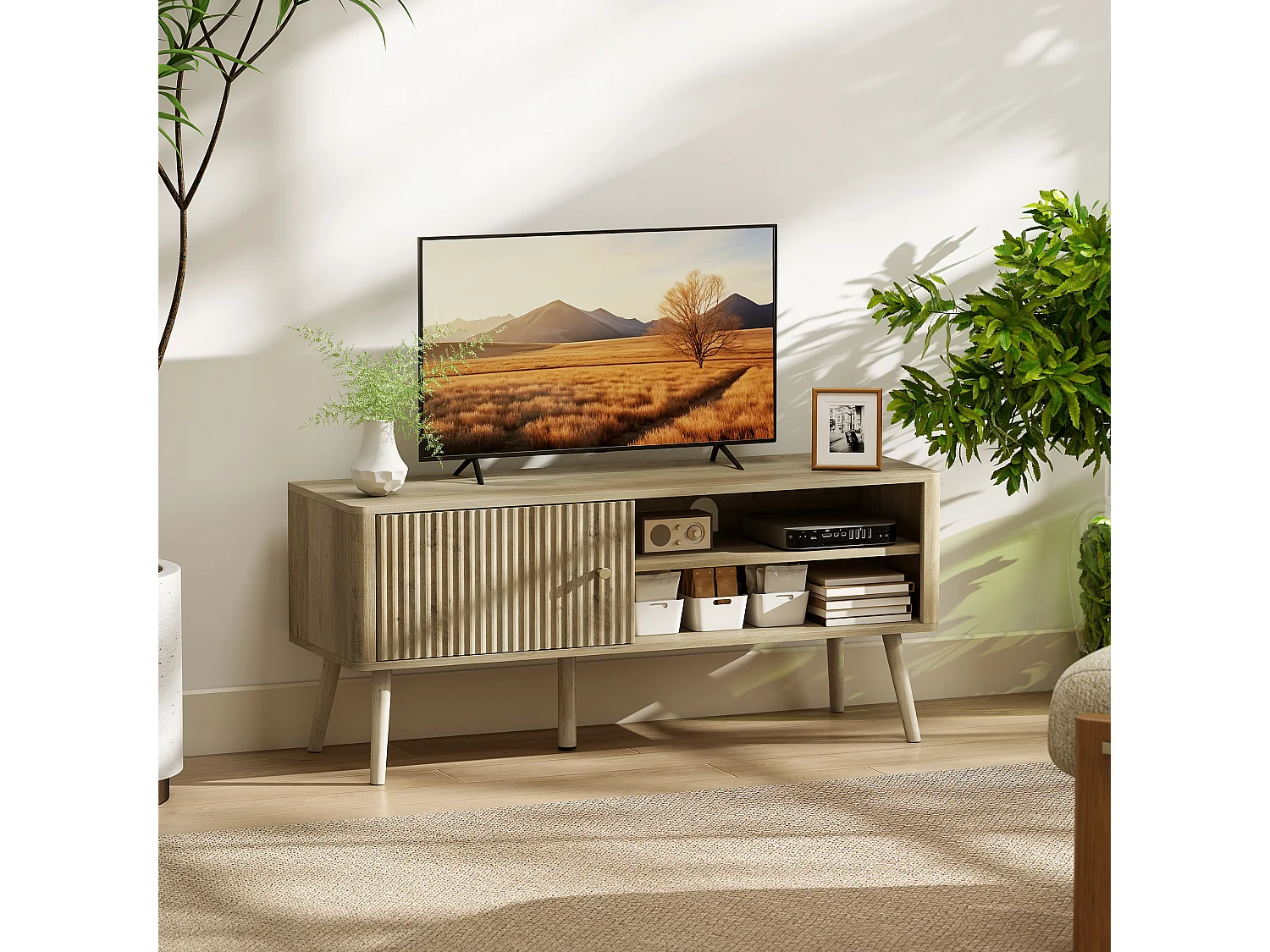 Meuble TV design effet cannelé naturel porte 2 niches bois de pin effet bois clair