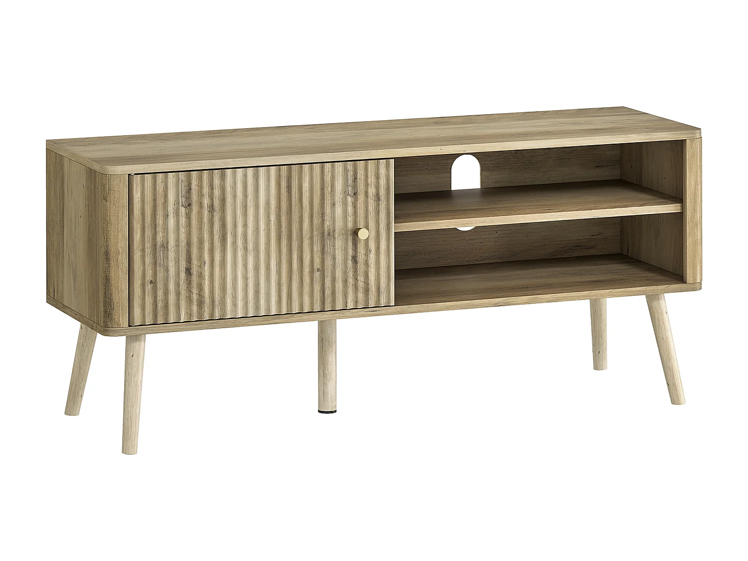 Meuble TV design effet cannelé naturel porte 2 niches bois de pin effet bois clair