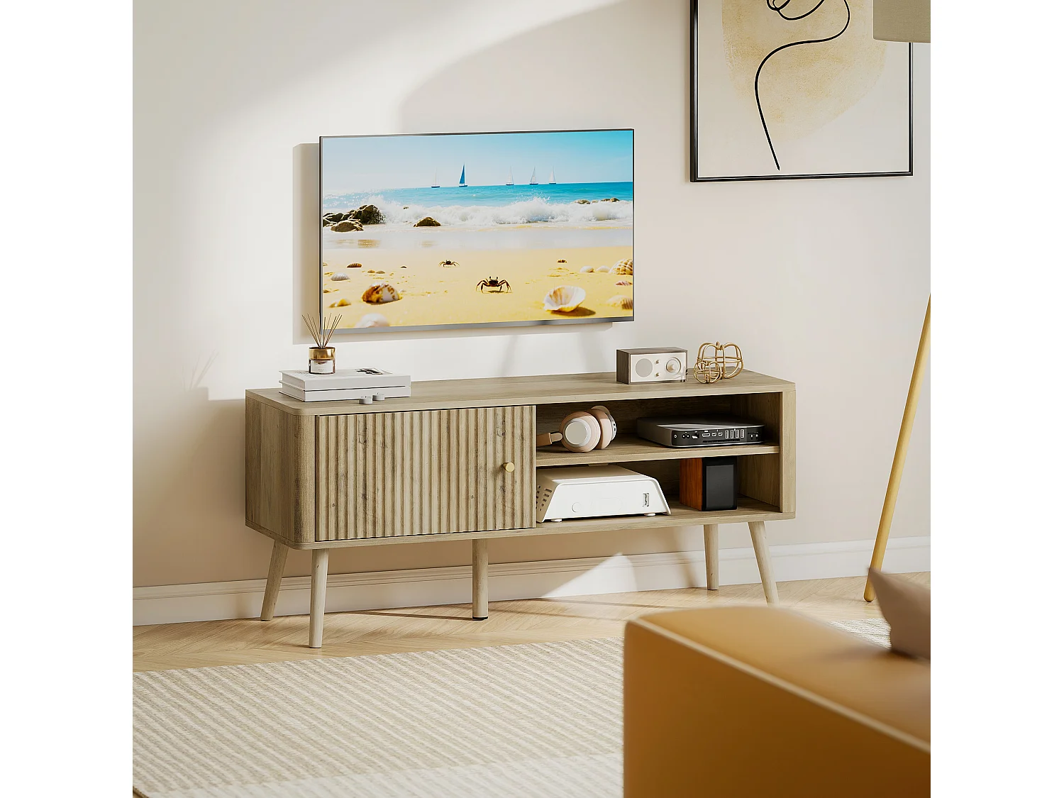 Meuble TV design effet cannelé naturel porte 2 niches bois de pin effet bois clair