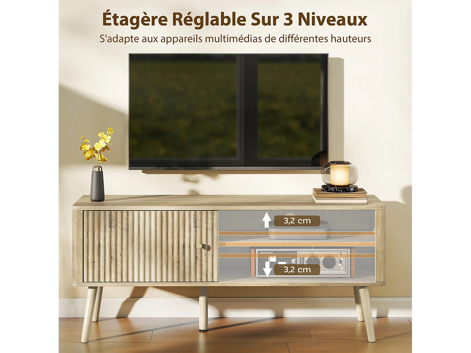 Meuble TV design effet cannelé naturel porte 2 niches bois de pin effet bois clair