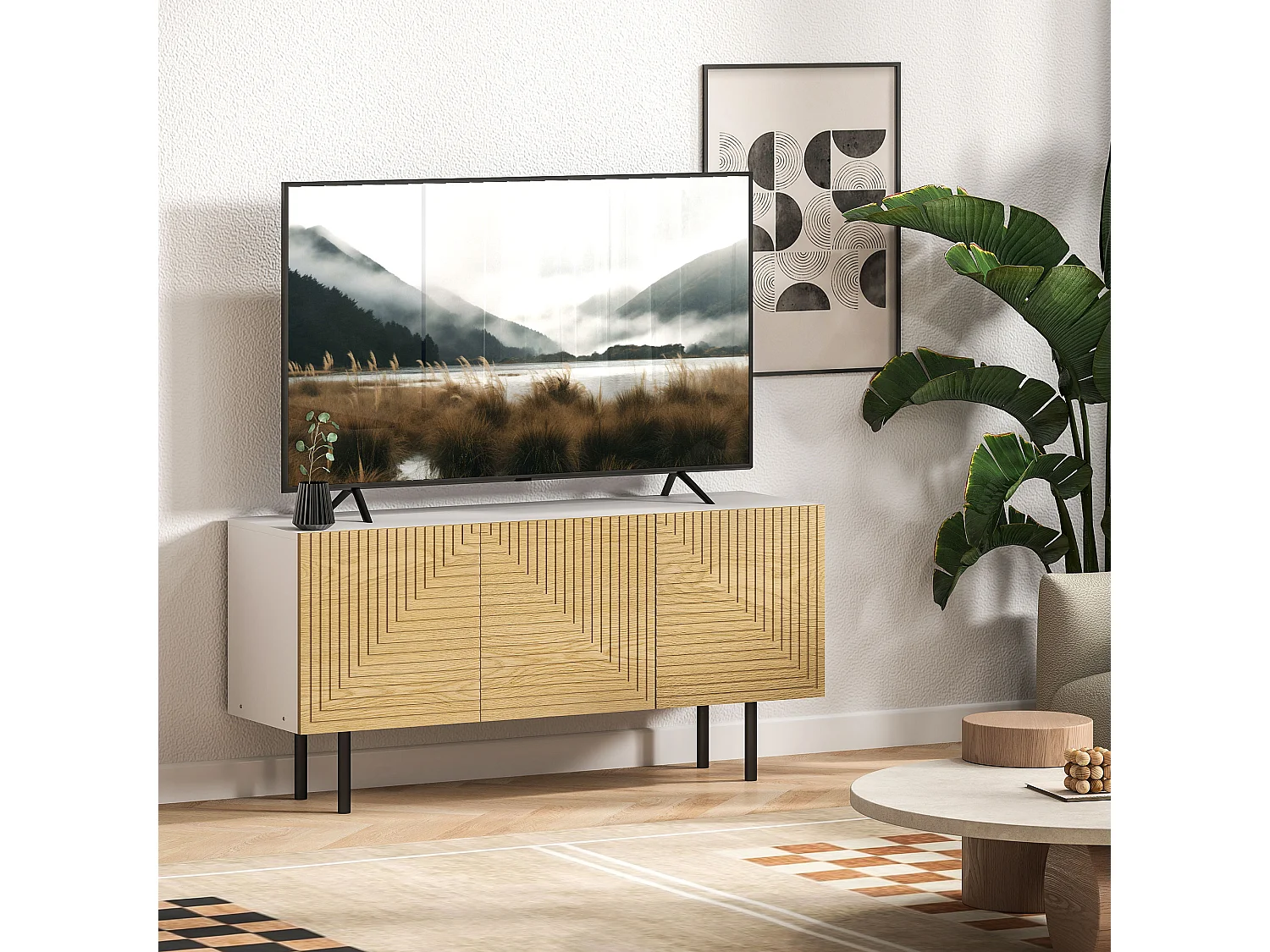 Meuble TV banc TV design graphique - 3 portes, 3 étagères, 3 passe-câbles - blanc effet bois