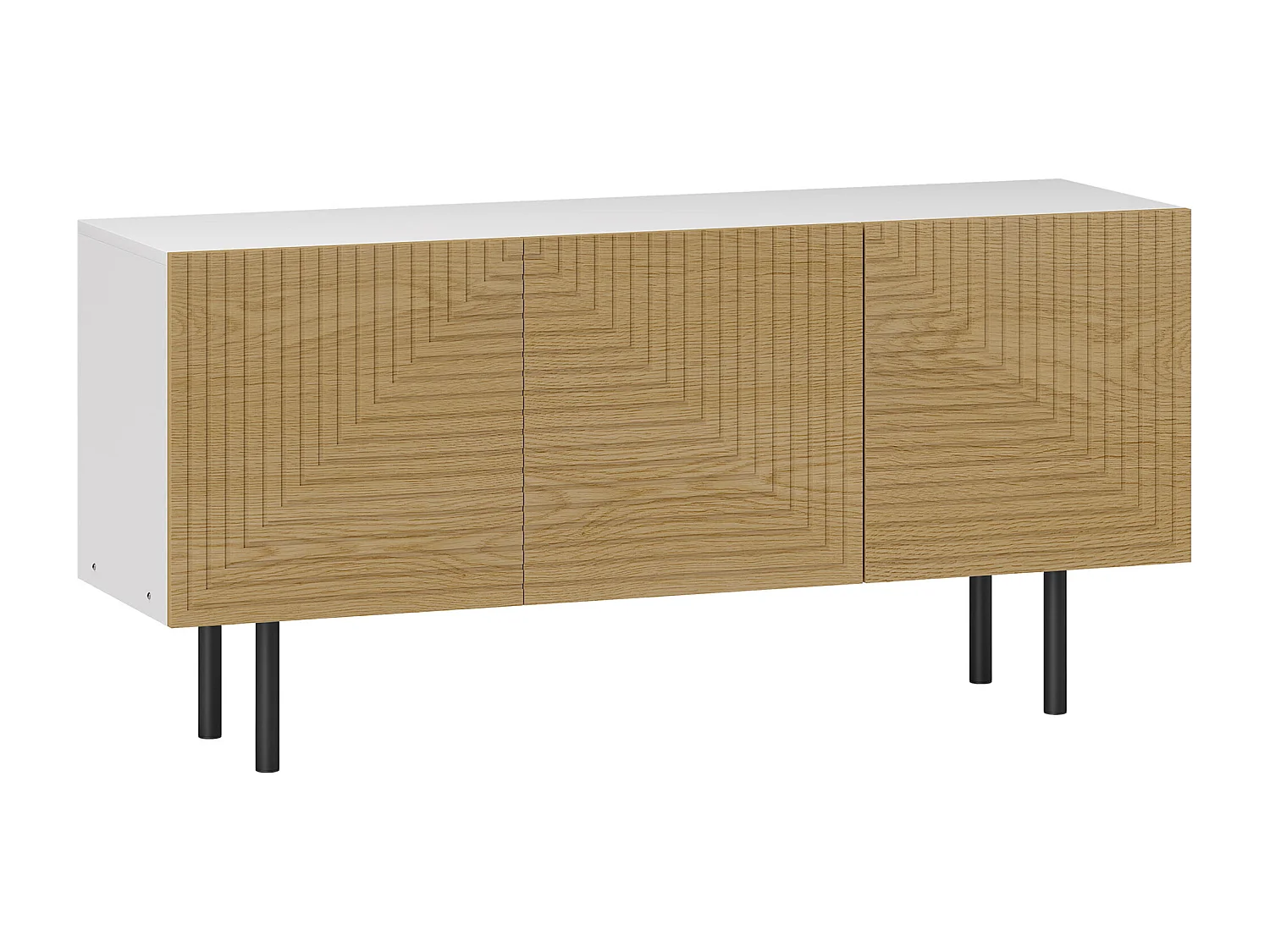 Meuble TV banc TV design graphique - 3 portes, 3 étagères, 3 passe-câbles - blanc effet bois