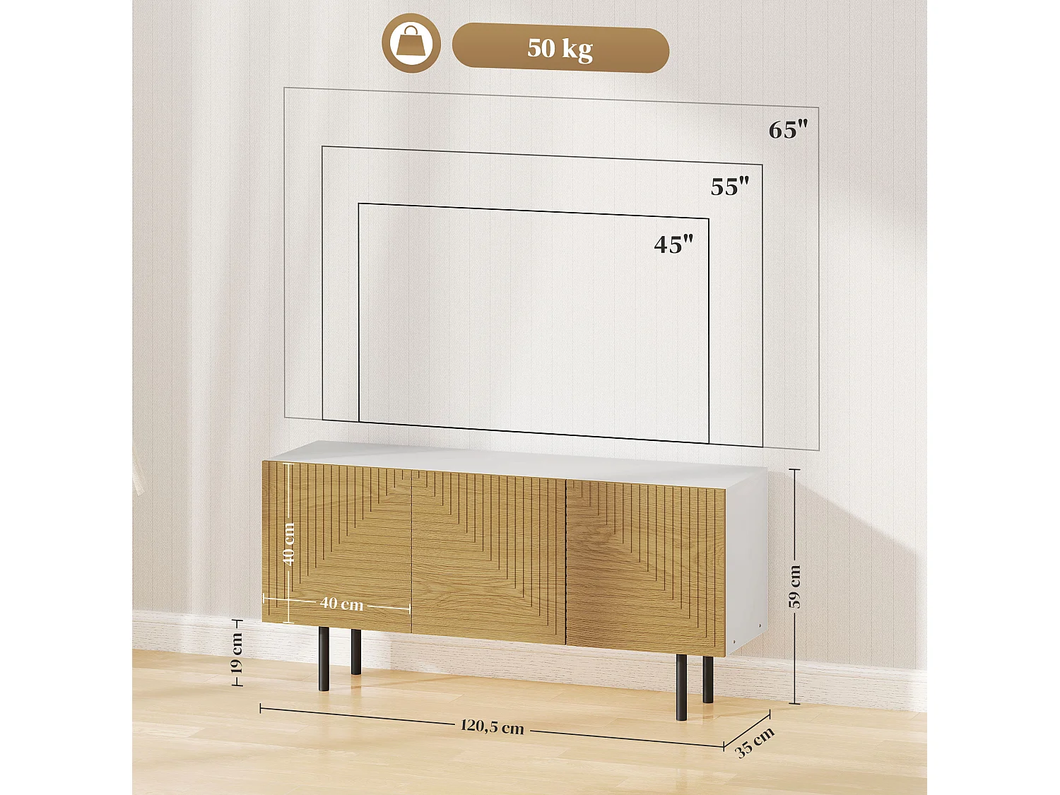 Meuble TV banc TV design graphique - 3 portes, 3 étagères, 3 passe-câbles - blanc effet bois
