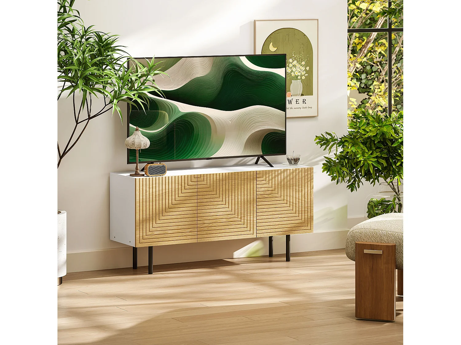 Meuble TV banc TV design graphique - 3 portes, 3 étagères, 3 passe-câbles - blanc effet bois