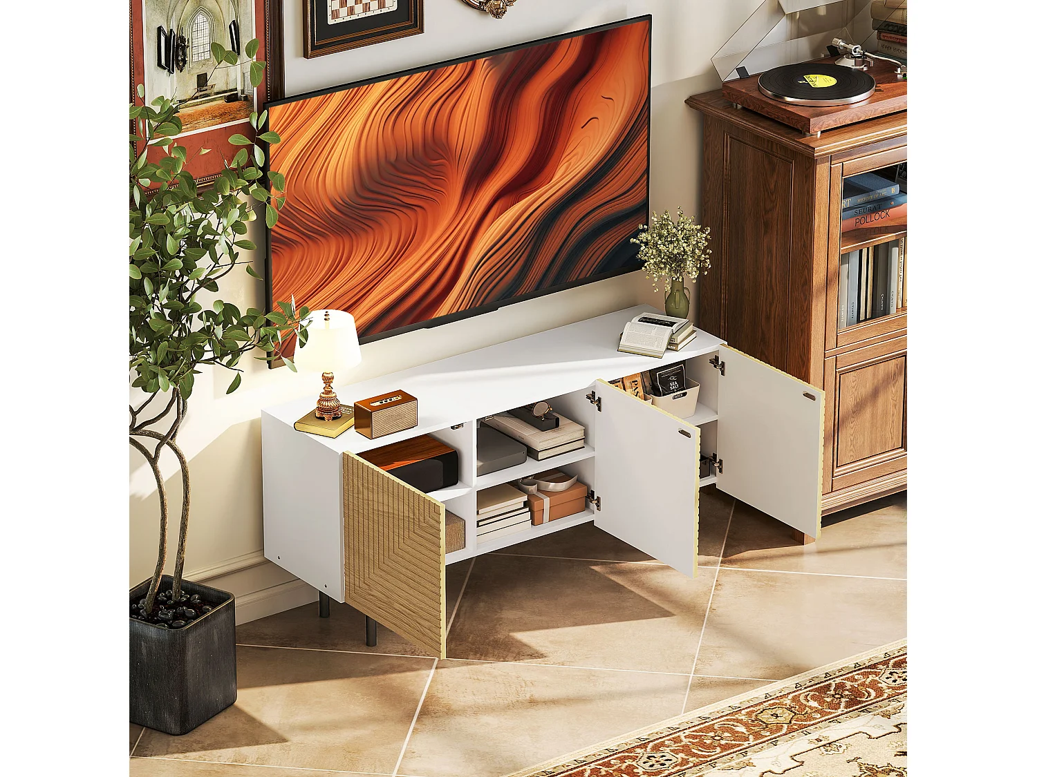 Meuble TV banc TV design graphique - 3 portes, 3 étagères, 3 passe-câbles - blanc effet bois