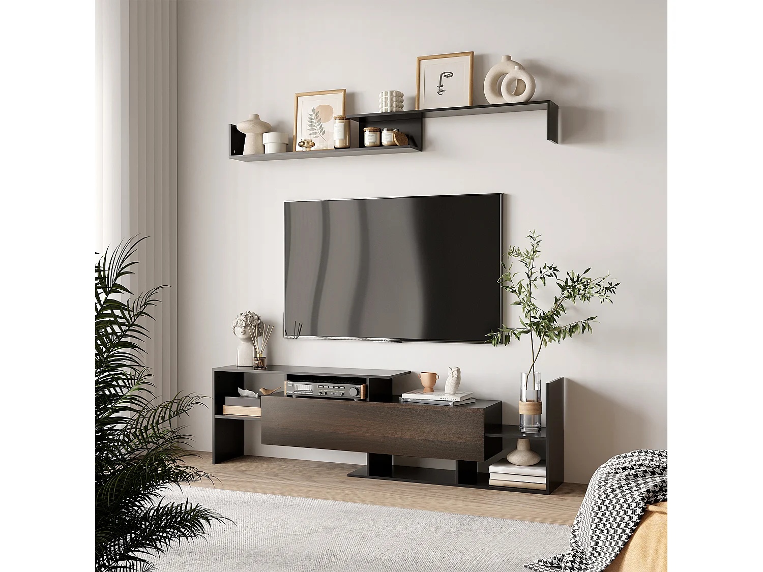 Ensemble meuble TV avec étagère murale style contemporain aspect bois noir