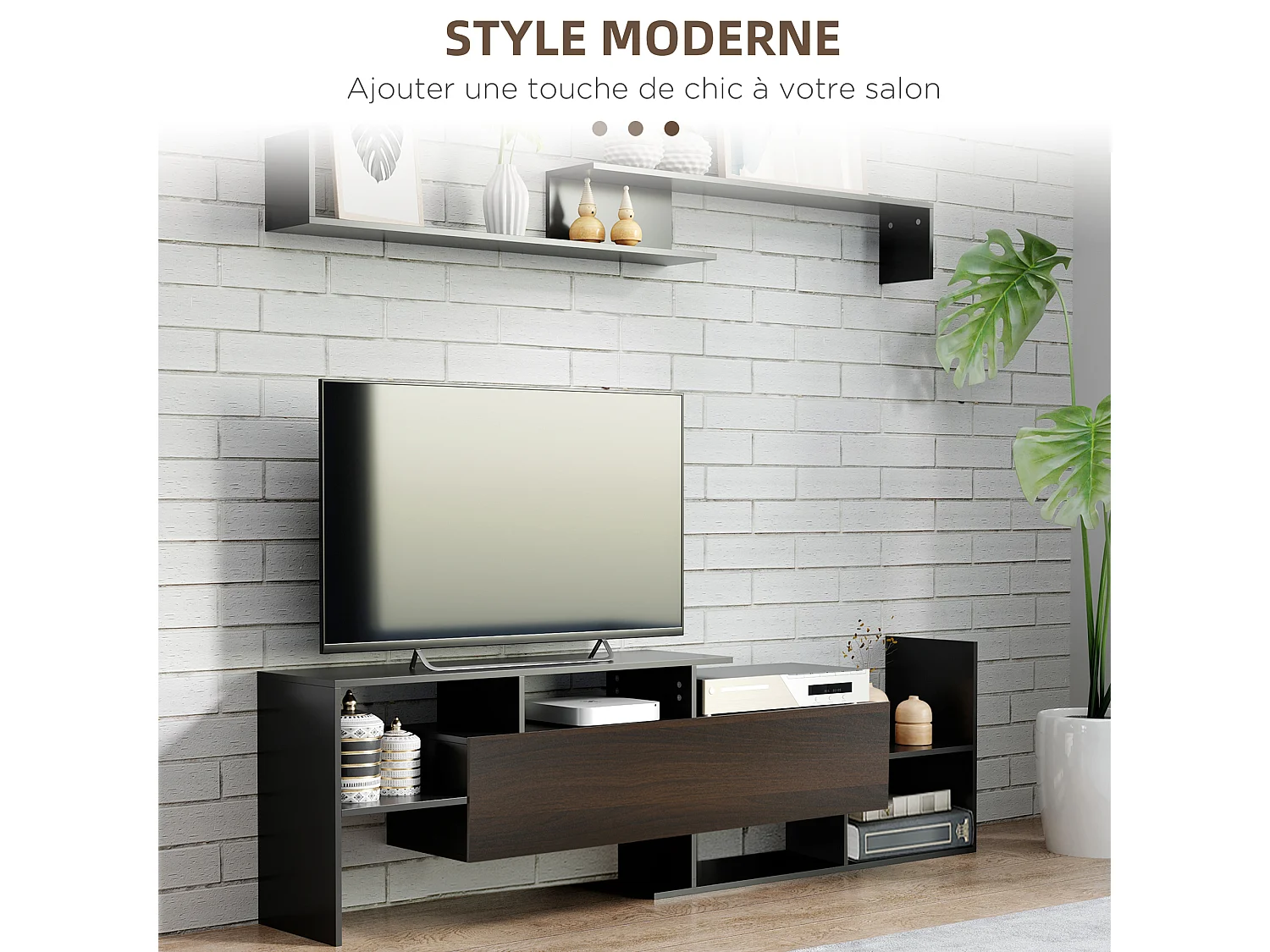 Ensemble meuble TV avec étagère murale style contemporain aspect bois noir