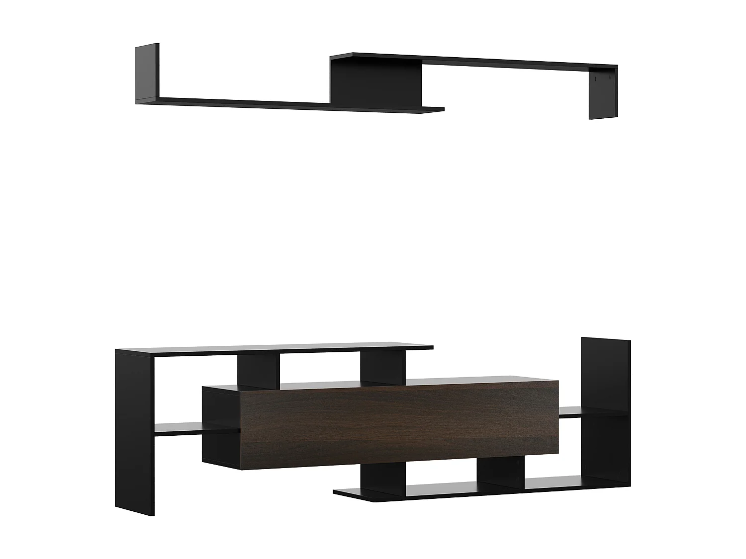 Ensemble meuble TV avec étagère murale style contemporain aspect bois noir