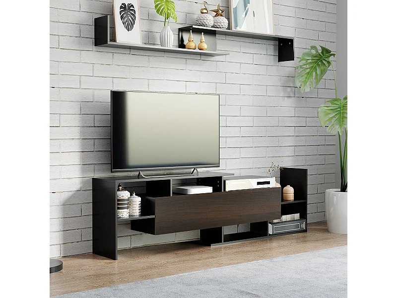 Ensemble meuble TV avec étagère murale style contemporain aspect bois noir
