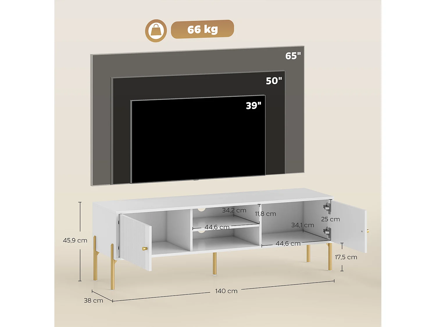 Meuble TV design - 2 portes, 2 niches - piètement poignées métal doré façade rainurée blanc