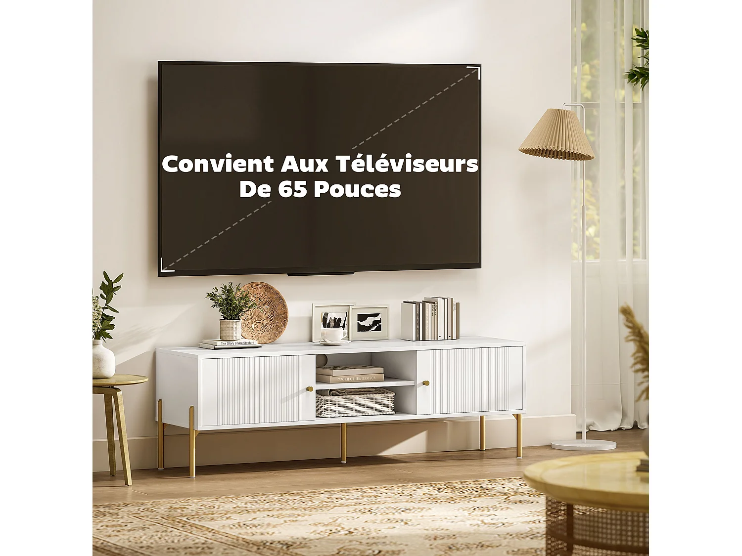 Meuble TV design - 2 portes, 2 niches - piètement poignées métal doré façade rainurée blanc