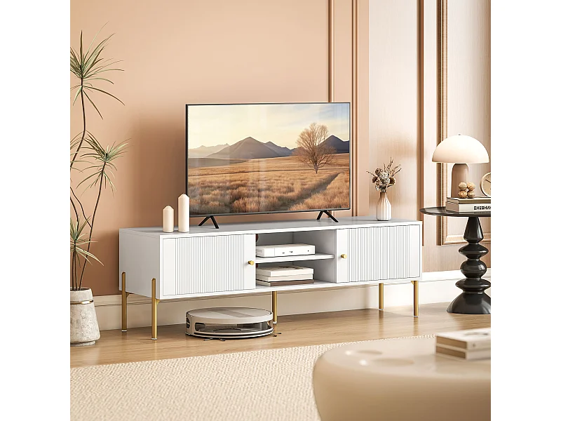 Meuble TV design - 2 portes, 2 niches - piètement poignées métal doré façade rainurée blanc