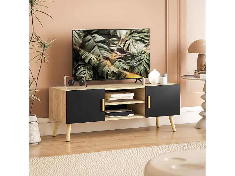 Meuble TV banc TV design scandinave 2 portes 2 niches - noir effet chêne clair